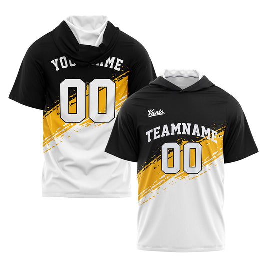 Benutzerdefinierte Schwarz Gelb Weiß Kurzarm-Kapuzenpullover für Männer Frauen Hemden mit Kapuzen gedruckt Name Logo