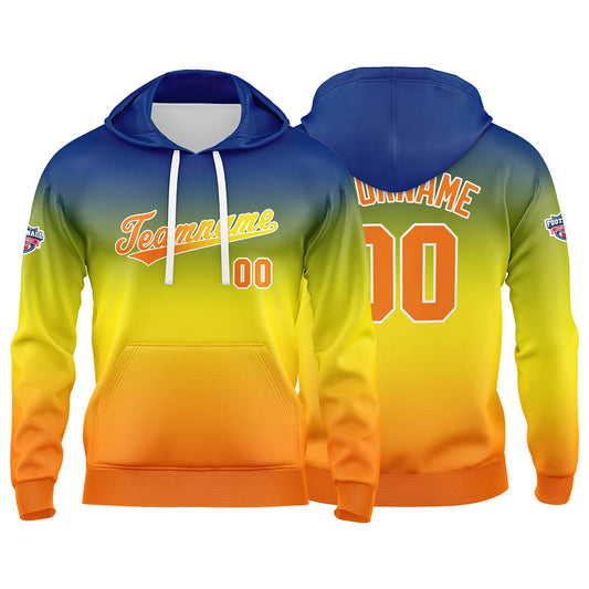 Benutzerdefinierter Verlauf Hoodie für Mann, Frau, Mädchen, Junge. Drucken Sie Ihr Logo, Ihren Namen und Ihre Nummer Gelb Orange