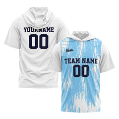 Benutzerdefinierte Weiß Hellblau Kurzarm-Kapuzenpullover für Männer Frauen Hemden mit Kapuzen gedruckt Name Logo