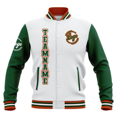 Benutzerdefiniert Weiß Grün Orange Wasserdichte Varsity Jacken Personalisiert genäht Name Nummer Logo zu Letterman Jacken