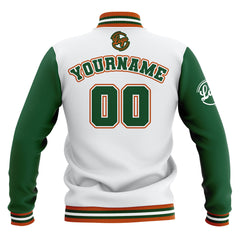 Benutzerdefiniert Weiß Grün Orange Wasserdichte Varsity Jacken Personalisiert genäht Name Nummer Logo zu Letterman Jacken