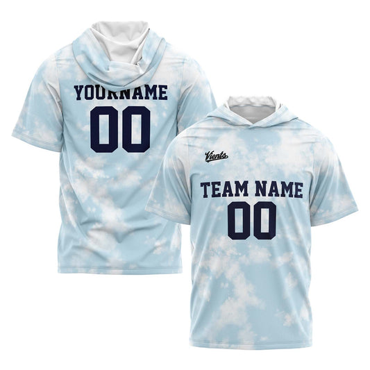 Benutzerdefinierte Hellblau Kurzarm-Kapuzenpullover für Männer Frauen Hemden mit Kapuzen gedruckt Name Logo