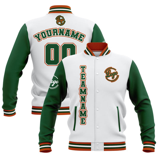 Benutzerdefiniert Weiß Grün Orange Wasserdichte Varsity Jacken Personalisiert genäht Name Nummer Logo zu Letterman Jacken