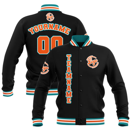 Benutzerdefiniert Schwarz Teal Orange Wasserdichte Varsity Jacken Personalisiert genäht Name Nummer Logo zu Letterman Jacken