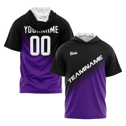 Benutzerdefinierte Schwarz Lila Kurzarm-Kapuzenpullover für Männer Frauen Hemden mit Kapuzen gedruckt Name Logo