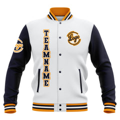 Benutzerdefiniert Weiß Marine Gelb Wasserdichte Varsity Jacken Personalisiert genäht Name Nummer Logo zu Letterman Jacken