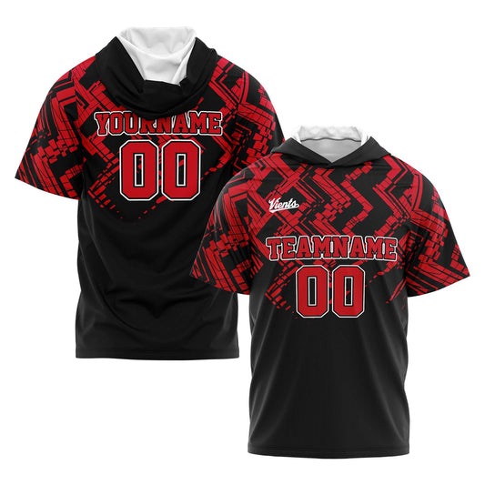 Benutzerdefinierte Rot Schwarz Kurzarm-Kapuzenpullover für Männer Frauen Hemden mit Kapuzen gedruckt Name Logo