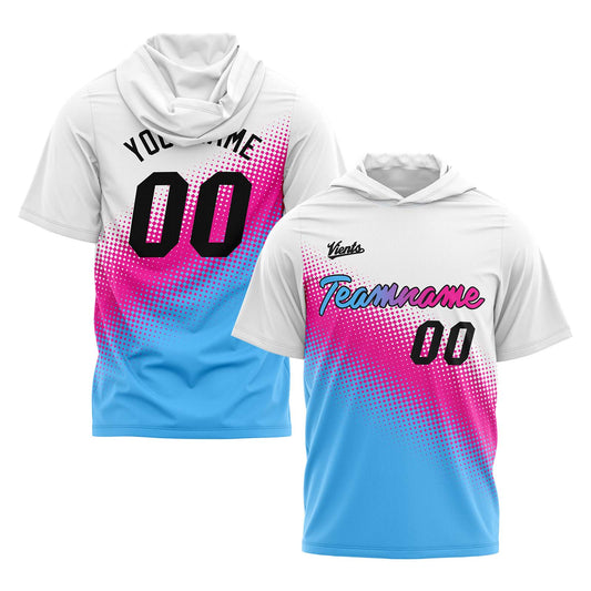 Benutzerdefinierte Weiß Rosa Hellblau Kurzarm-Kapuzenpullover für Männer Frauen Hemden mit Kapuzen gedruckt Name Logo