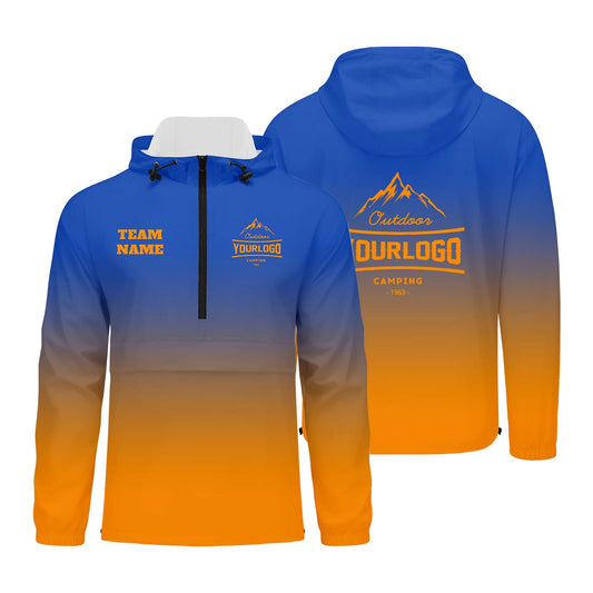 Anpassbare Blau Orange Winddichte Softshell Kapuzenjacke - Vollverschluss, Logo- & Text-Druck