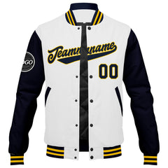 Benutzerdefinierte Verlauf Varsity-Jacke. Letterman-Jacke Marine Weiß Gelb