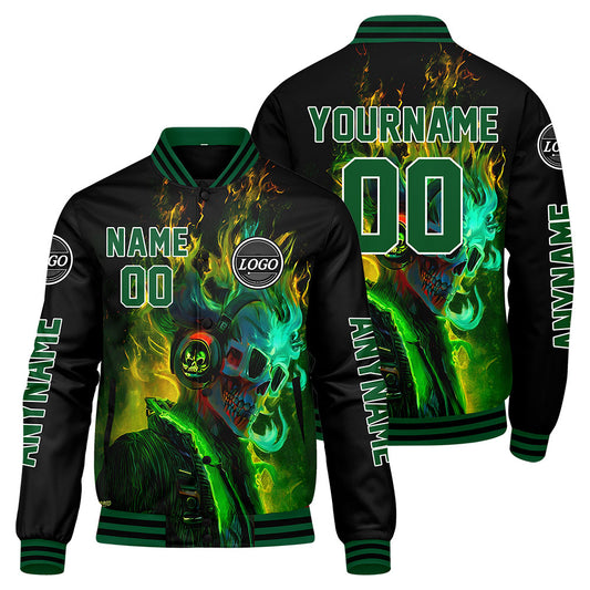 Maßgeschneiderte Schwarz Grün Letterman Varsity Jacket Individuelle Stickerei Druck nach Ihrem Wunsch