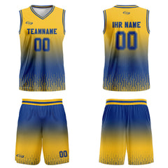 Benutzerdefinierter Gelb Blau Farbverlauf Basketball Jersey Uniform Anzug gedruckt Ihr Logo Name Nummer