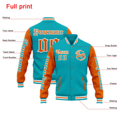Benutzerdefinierte Varsity-Jacke. Letterman-Jacke für Männer, Frauen und Jugendliche Teal Orange