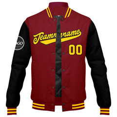 Benutzerdefinierte Verlauf Varsity-Jacke. Letterman-Jacke Karminrot Schwarz Gelb