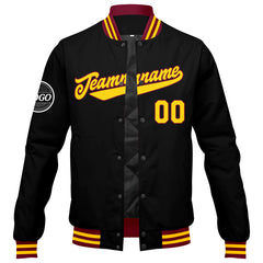Benutzerdefinierte Verlauf Varsity-Jacke. Letterman-Jacke Karminrot Schwarz Gelb