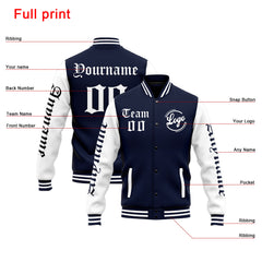 Benutzerdefinierte Varsity-Jacke. Letterman-Jacke für Männer, Frauen und Jugendliche Marine Weiß