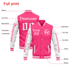 Benutzerdefinierte Varsity-Jacke. Letterman-Jacke für Männer, Frauen und Jugendliche Rosa Weiß
