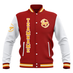 Benutzerdefiniert Rot Weiß Gelb Wasserdichte Varsity Jacken Personalisiert genäht Name Nummer Logo zu Letterman Jacken