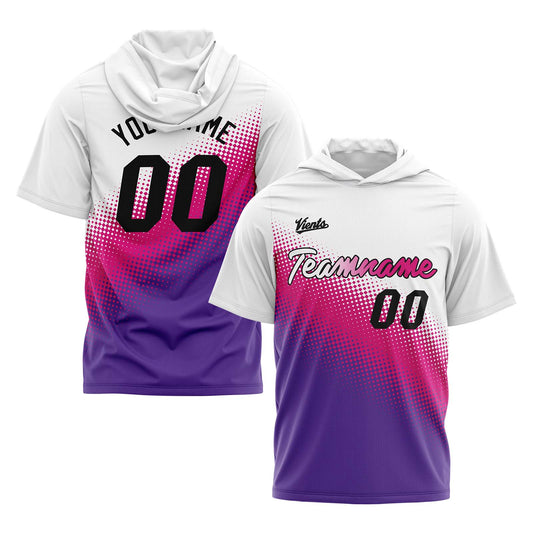 Benutzerdefinierte Weiß Rosa Violett Kurzarm-Kapuzenpullover für Männer Frauen Hemden mit Kapuzen gedruckt Name Logo
