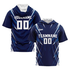 Benutzerdefinierte Dunkelblau Kurzarm-Kapuzenpullover für Männer Frauen Hemden mit Kapuzen gedruckt Name Logo