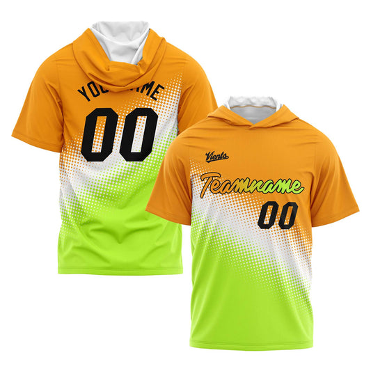 Benutzerdefinierte Orange Weiß Grün Kurzarm-Kapuzenpullover für Männer Frauen Hemden mit Kapuzen gedruckt Name Logo