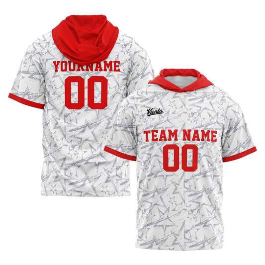 Benutzerdefinierte Weiß Rot Kurzarm-Kapuzenpullover für Männer Frauen Hemden mit Kapuzen gedruckt Name Logo