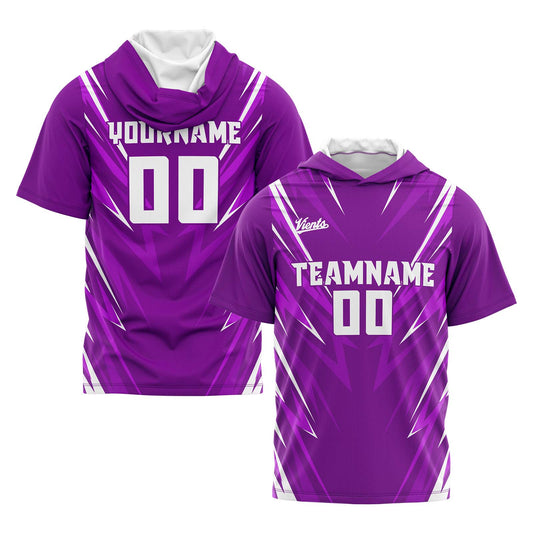 Benutzerdefinierte Lila Kurzarm-Kapuzenpullover für Männer Frauen Hemden mit Kapuzen gedruckt Name Logo