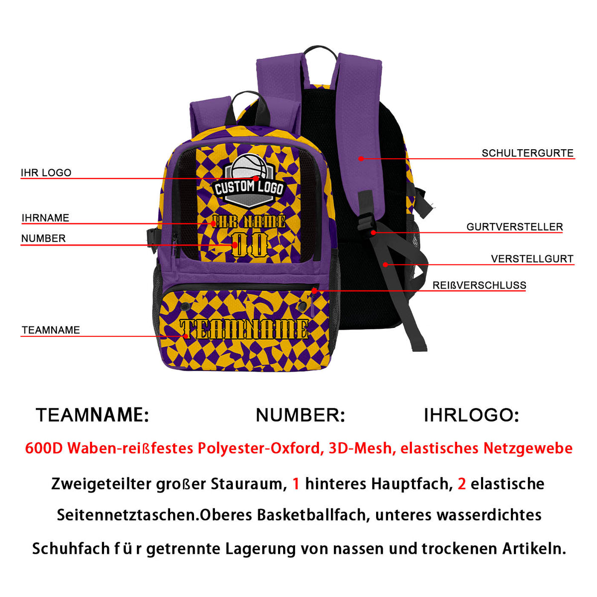 Personalisierter Basketball - und Fußballrucksack in Lila und Hellgelb mit Spielernamen & Nummern und Teamlogo #BP-0919-0031