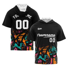 Benutzerdefinierte Schwarz Orange Kurzarm-Kapuzenpullover für Männer Frauen Hemden mit Kapuzen gedruckt Name Logo