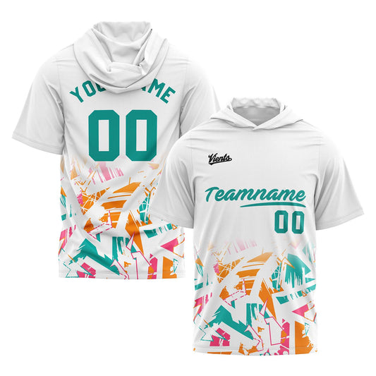 Benutzerdefinierte Weiß Teal Kurzarm-Kapuzenpullover für Männer Frauen Hemden mit Kapuzen gedruckt Name Logo