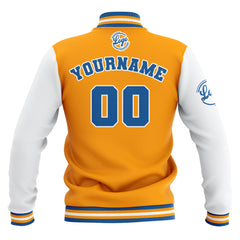 Benutzerdefiniert Gelb Weiß Blau Wasserdichte Varsity Jacken Personalisiert genäht Name Nummer Logo zu Letterman Jacken
