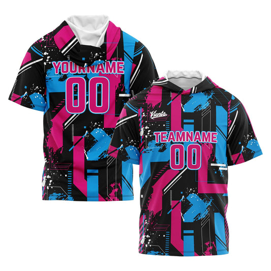 Benutzerdefinierte Rosa Hellblau Kurzarm-Kapuzenpullover für Männer Frauen Hemden mit Kapuzen gedruckt Name Logo