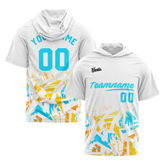 Benutzerdefinierte Weiß Hellblau Kurzarm-Kapuzenpullover für Männer Frauen Hemden mit Kapuzen gedruckt Name Logo
