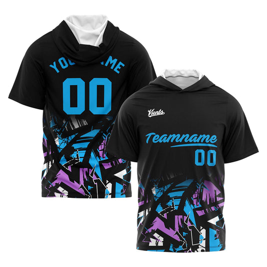 Benutzerdefinierte Schwarz Hellblau Kurzarm-Kapuzenpullover für Männer Frauen Hemden mit Kapuzen gedruckt Name Logo