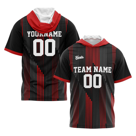 Benutzerdefinierte Schwarz Rot Kurzarm-Kapuzenpullover für Männer Frauen Hemden mit Kapuzen gedruckt Name Logo