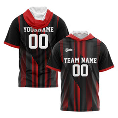 Benutzerdefinierte Schwarz Rot Kurzarm-Kapuzenpullover für Männer Frauen Hemden mit Kapuzen gedruckt Name Logo