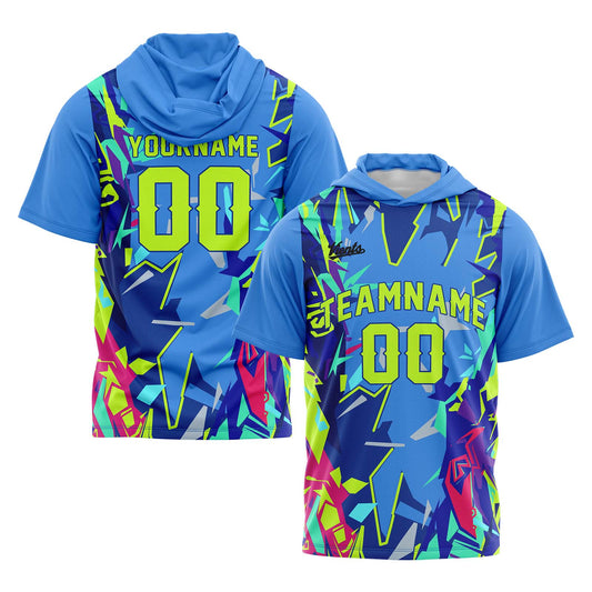 Benutzerdefinierte Blau Neon Grün Kurzarm-Kapuzenpullover für Männer Frauen Hemden mit Kapuzen gedruckt Name Logo