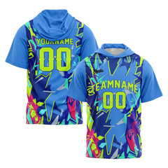 Benutzerdefinierte Blau Neon Grün Kurzarm-Kapuzenpullover für Männer Frauen Hemden mit Kapuzen gedruckt Name Logo