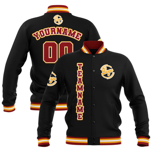 Benutzerdefiniert Schwarz Rot Gelb Wasserdichte Varsity Jacken Personalisiert genäht Name Nummer Logo zu Letterman Jacken
