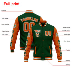 Benutzerdefinierte Varsity-Jacke. Letterman-Jacke für Männer, Frauen und Jugendliche Drak Grün Orange