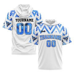 Benutzerdefinierte Weiß Blau Kurzarm-Kapuzenpullover für Männer Frauen Hemden mit Kapuzen gedruckt Name Logo