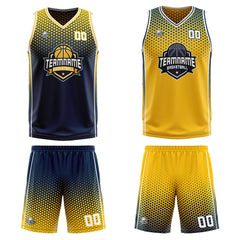 Benutzerdefinierte Marine Gelb Reversible Basketball Jersey Personalisierte Print Name Nummer Logo