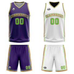 Benutzerdefinierte Lila Weißgold Neon Grün Reversible Basketball Jersey Personalisierte Print Name Nummer Logo