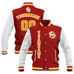 Benutzerdefiniert Rot Weiß Gelb Wasserdichte Varsity Jacken Personalisiert genäht Name Nummer Logo zu Letterman Jacken