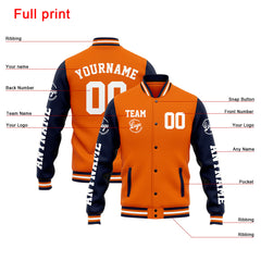 Benutzerdefinierte Varsity-Jacke. Letterman-Jacke für Männer, Frauen und Jugendliche Marine Orange