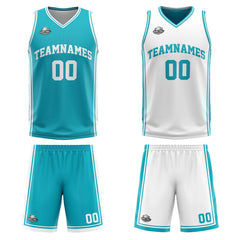 Benutzerdefinierte Cyan Weiß Reversible Basketball Jersey Personalisierte Print Name Nummer Logo