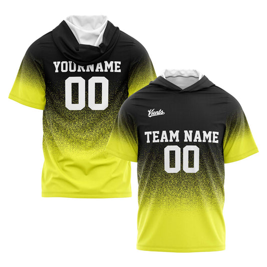 Benutzerdefinierte Schwarz Gelb Kurzarm-Kapuzenpullover für Männer Frauen Hemden mit Kapuzen gedruckt Name Logo