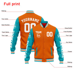 Benutzerdefinierte Varsity-Jacke. Letterman-Jacke für Männer, Frauen und Jugendliche Orange Teal