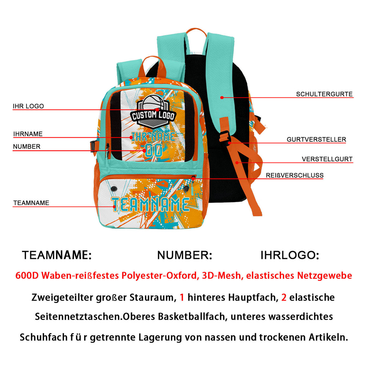 Personalisierter Basketball - und Fußballrucksack in Orange & Weiß und Türkis mit Spielernamen & Nummern und Teamlogo #BP-0919-0026