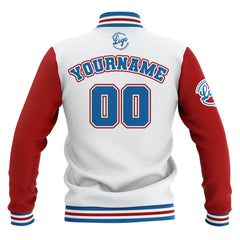 Benutzerdefiniert Weiß Rot Blau Wasserdichte Varsity Jacken Personalisiert genäht Name Nummer Logo zu Letterman Jacken